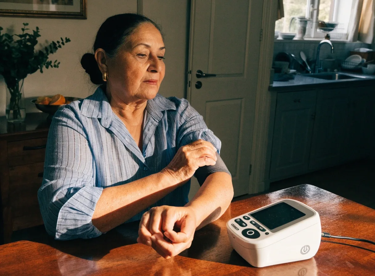 Persona mayor colocándose el brazalete del tensiómetro en el brazo, sentada a la mesa