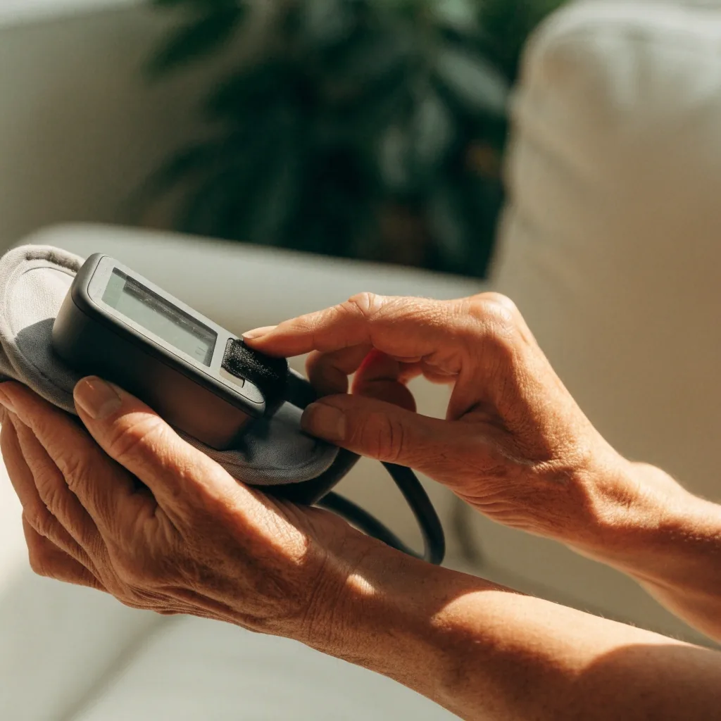 Tensiómetro, brazalete y guía breve de uso ordenados sobre la mesa