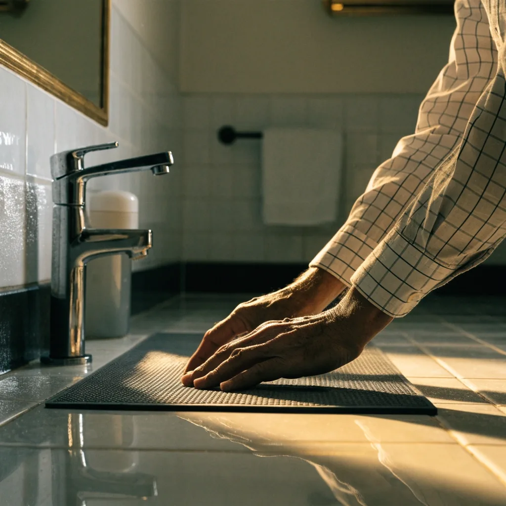 Alfombra antideslizante gris sobre el piso del baño