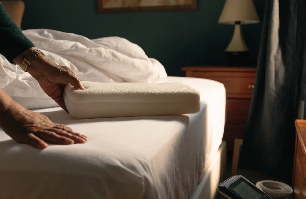 Almohada cervical y tensiómetro de brazo sobre una cama ordenada
