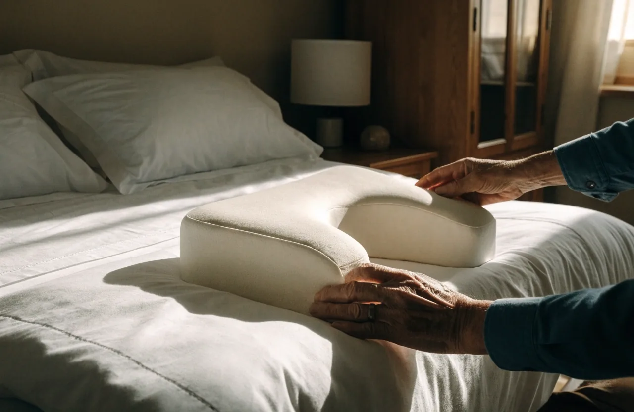 Almohada cervical viscoelástica sobre sábanas blancas