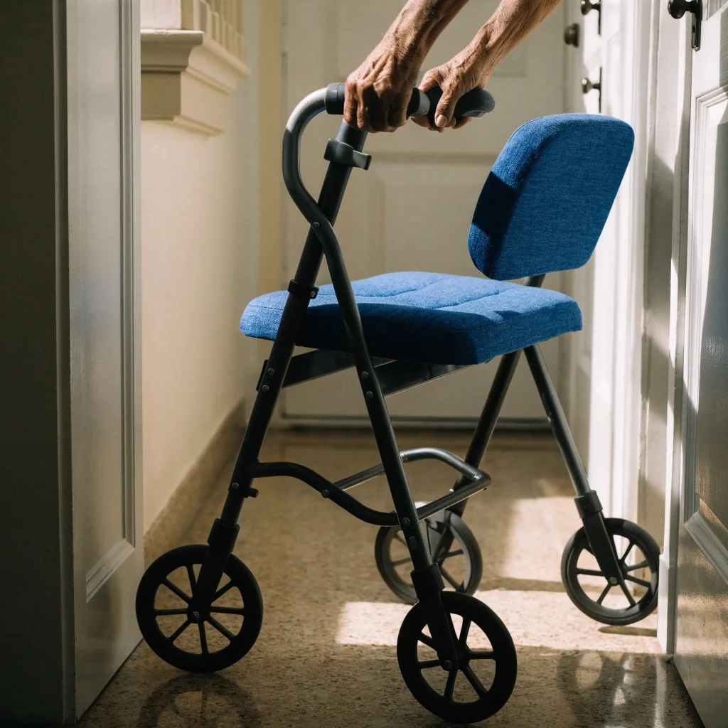 Andador de tres ruedas con asiento en un living luminoso