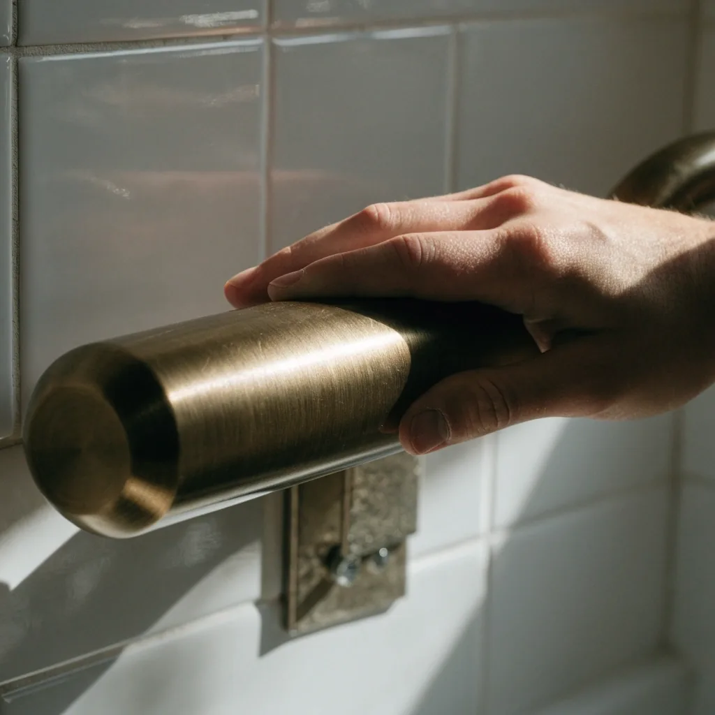 Barra de apoyo de bronce instalada sobre azulejos blancos del baño