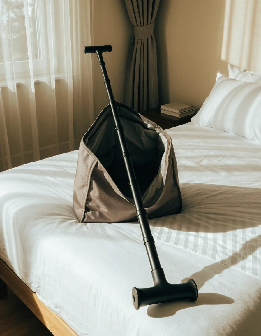 Bastón plegable de viaje guardado en cuatro tramos sobre una silla