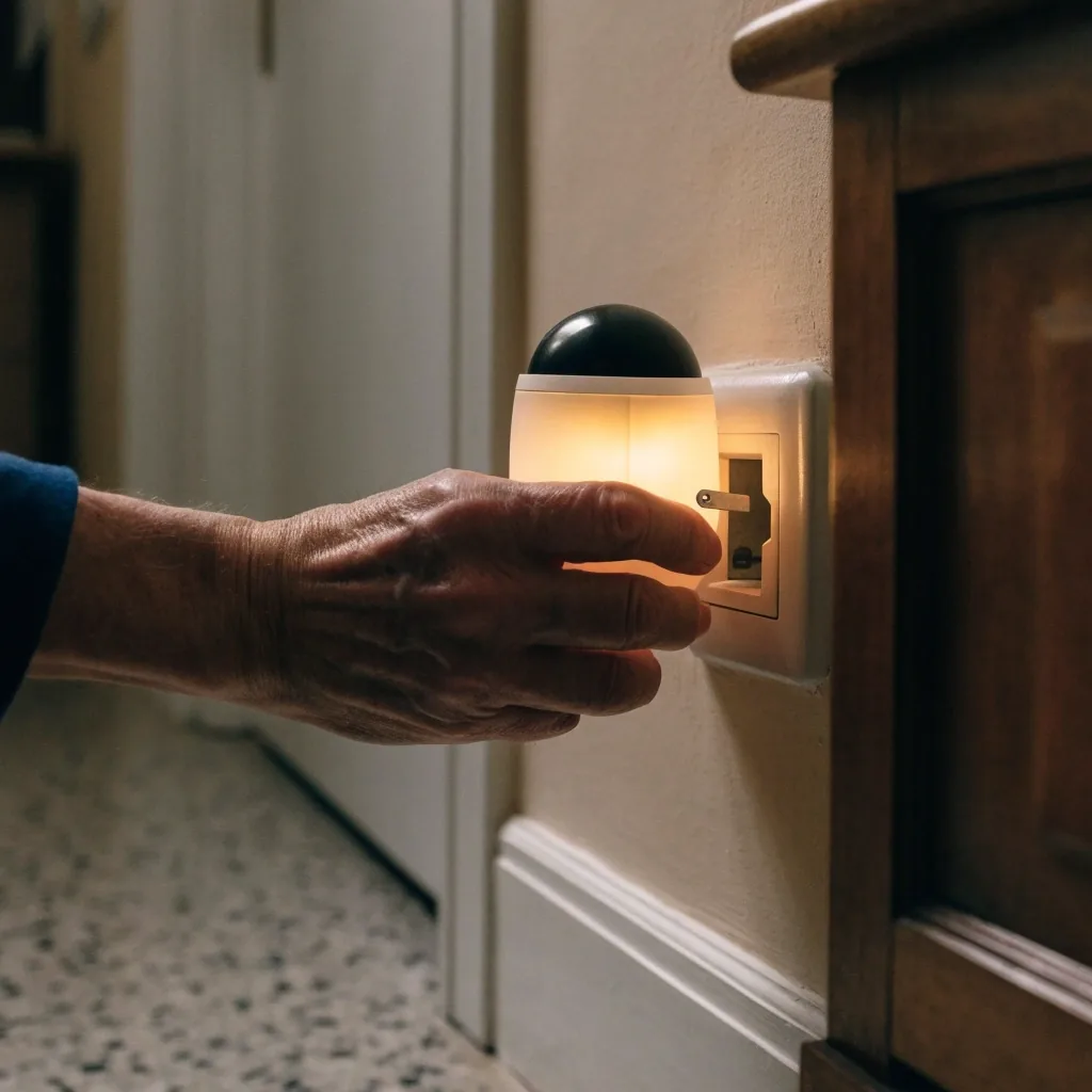 Luz nocturna con sensor de movimiento enchufada en un pasillo