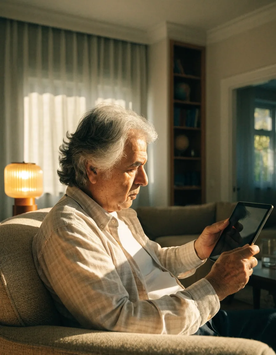 Persona mayor usando una tablet en un sillón durante una videollamada