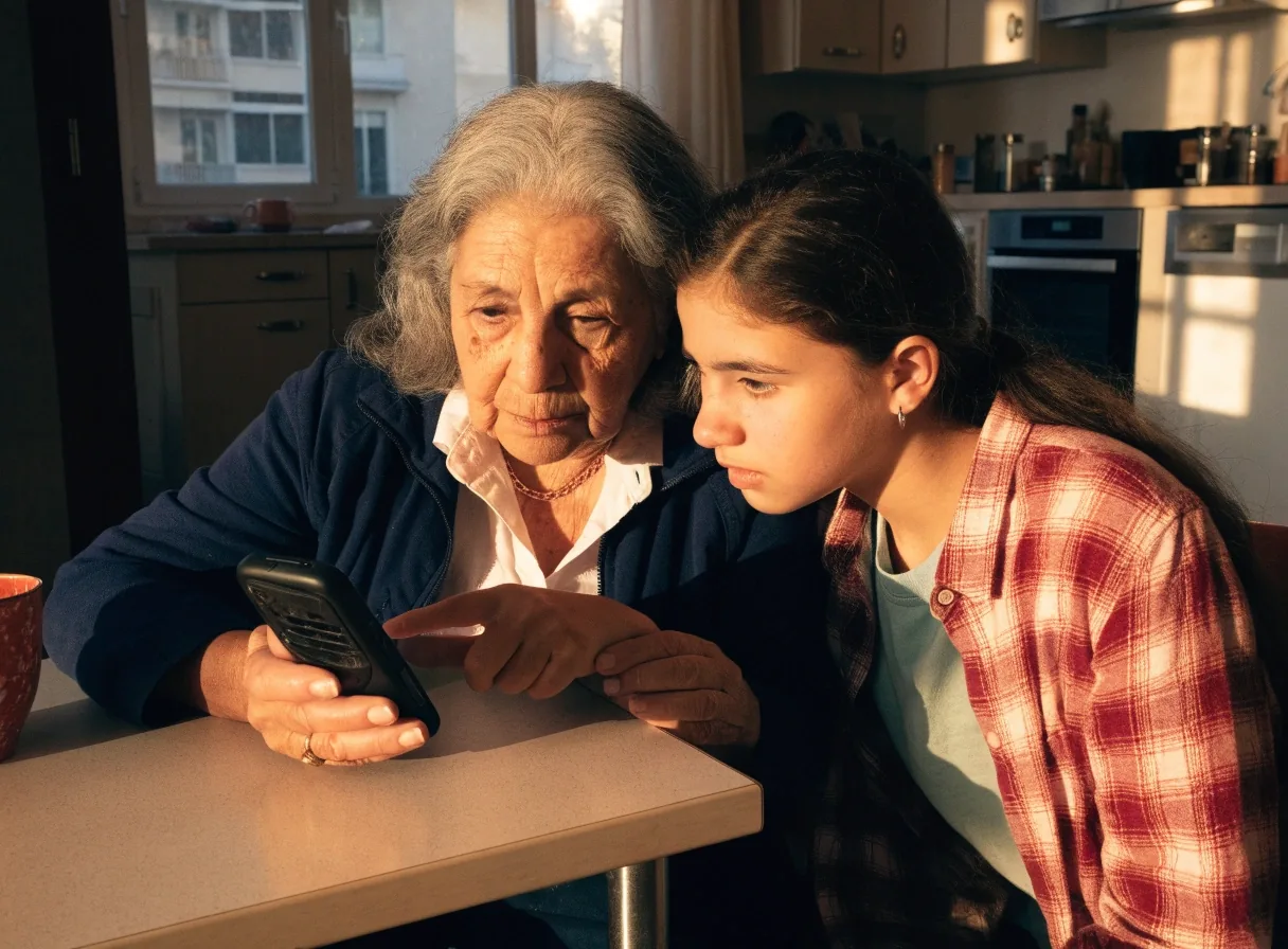 Persona mayor usando un teléfono de teclas grandes con ayuda de un familiar