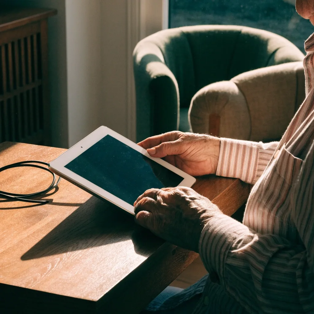 Tablet con interfaz simplificada apoyada sobre una mesa baja de madera