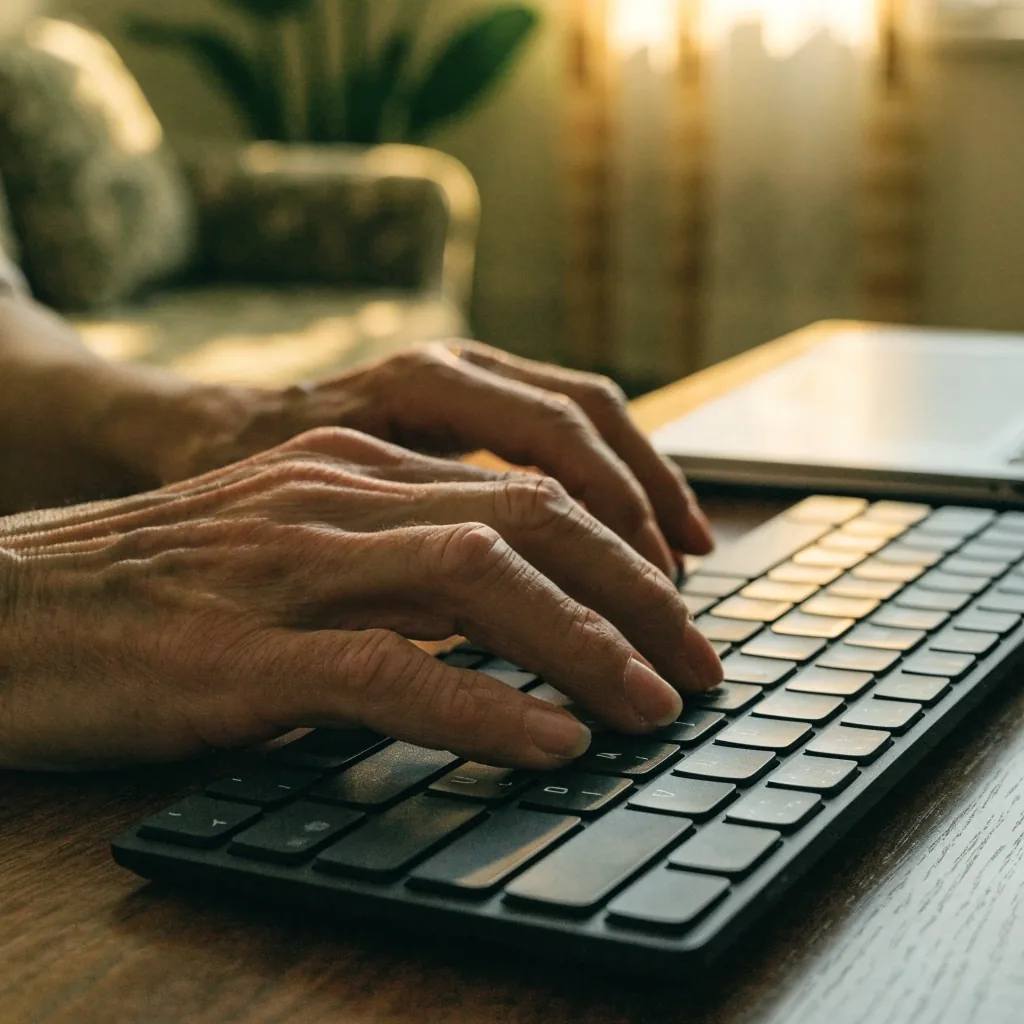 Teclado inalámbrico de teclas grandes sobre una mesa de madera