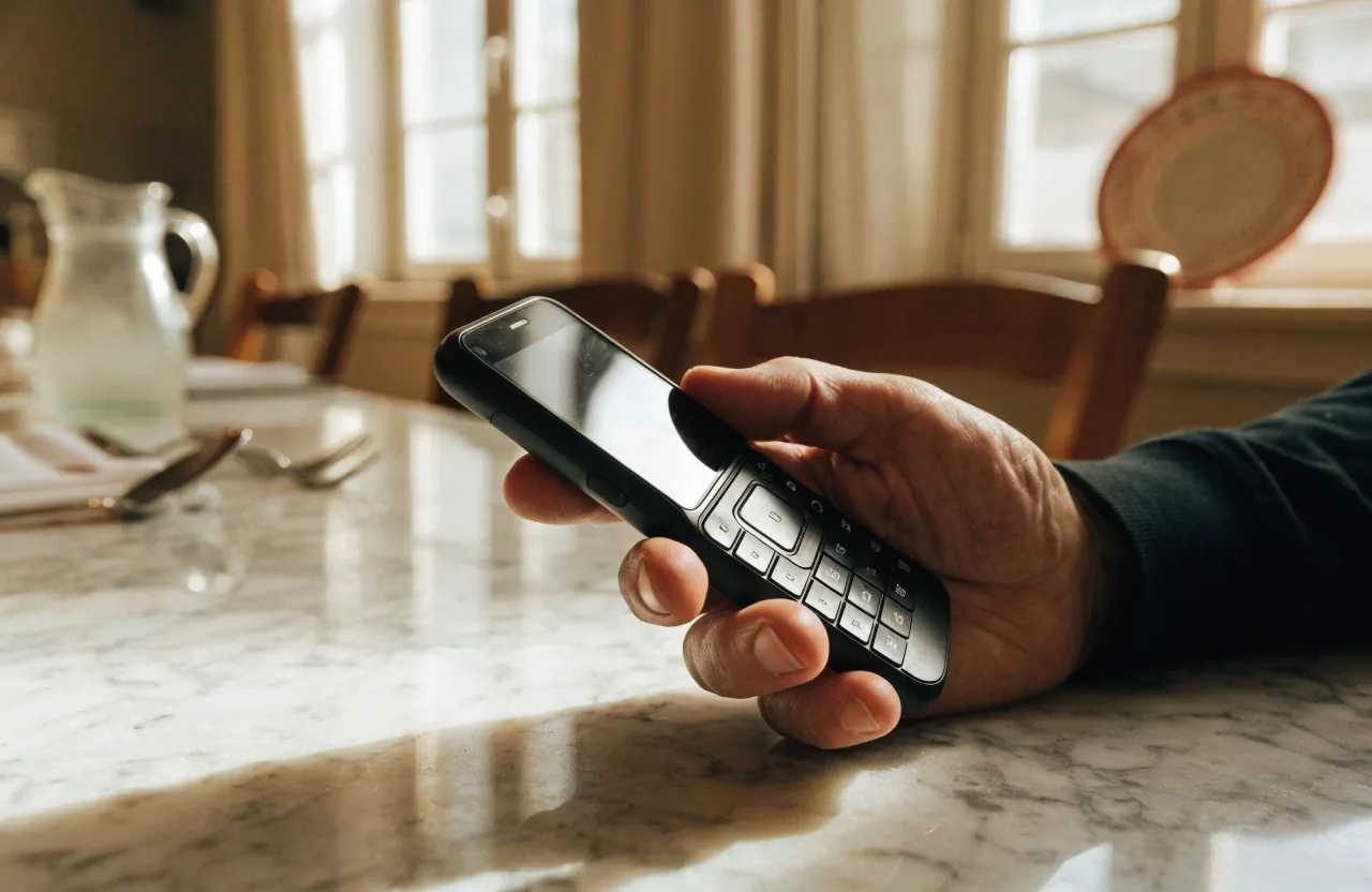 Teléfono móvil de teclas grandes sobre una mesada de mármol